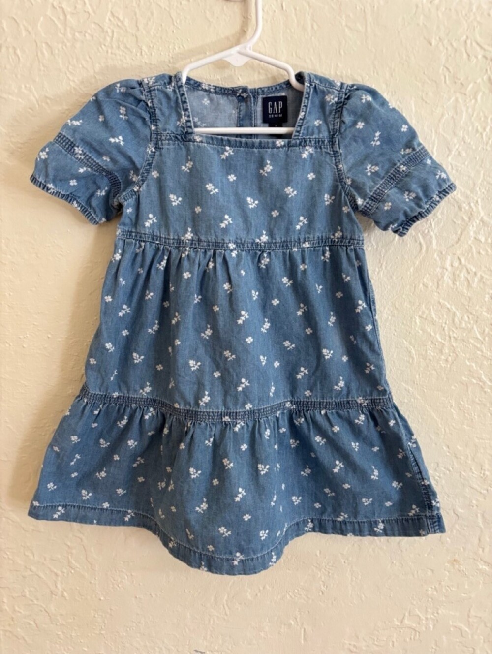 Gap Denim Toddler Floral Chambray Tiered Dress 3T Puff Sleeve Fall 2021